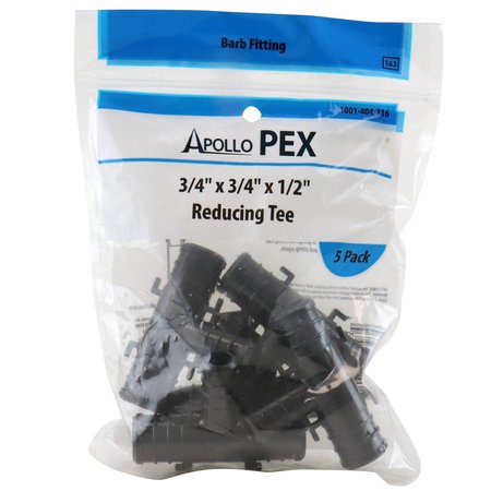 Apollo Pex 3/4 in. x 3/4 in. x 1/2 in. Plastic PEX Barb Reducing Tee (5-Pack), 5PK PXPAT3434125PK